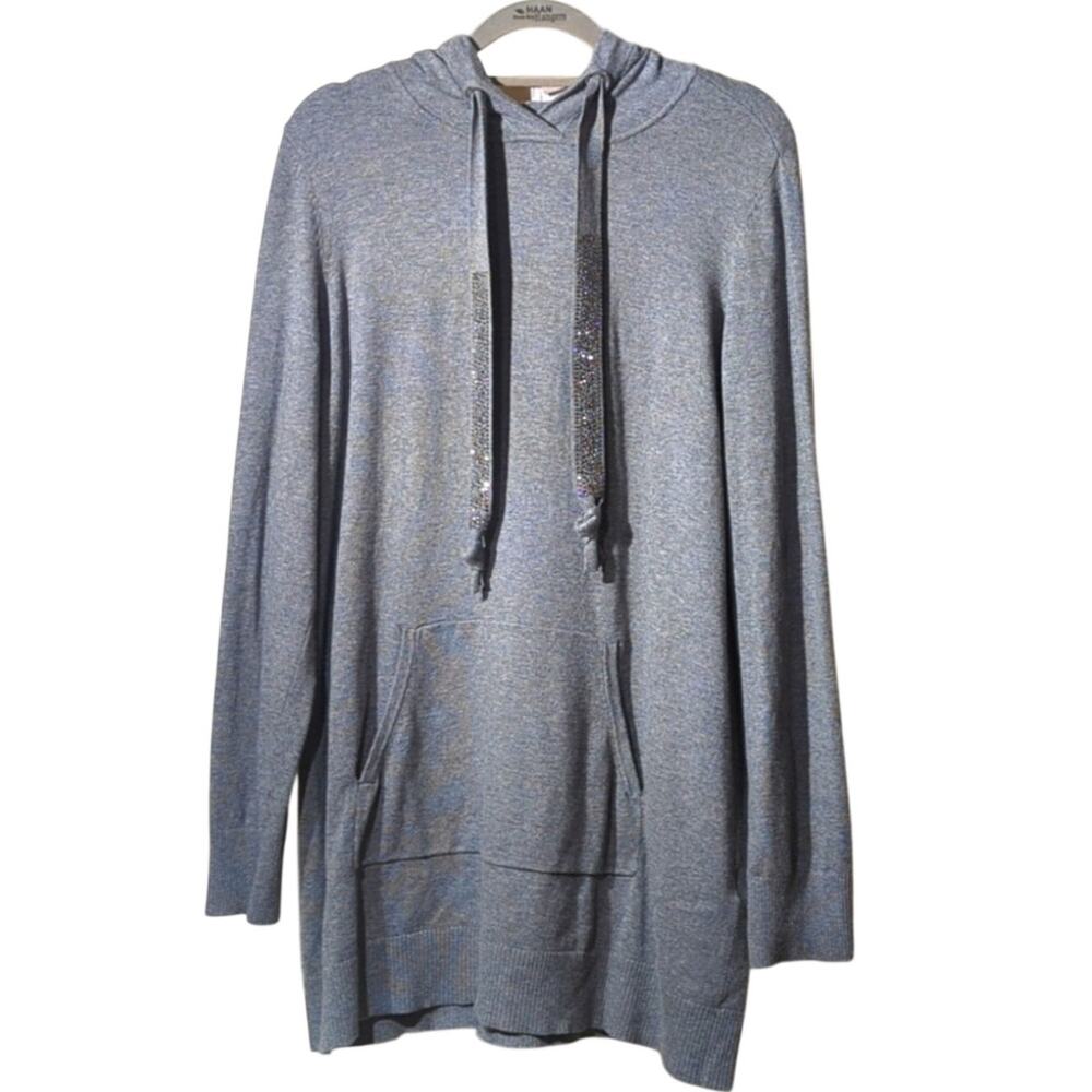 Chico's Zenergy Gray Crystal Studded Tie Hoodie Pocket Sweater Women's Sz 1 (M)